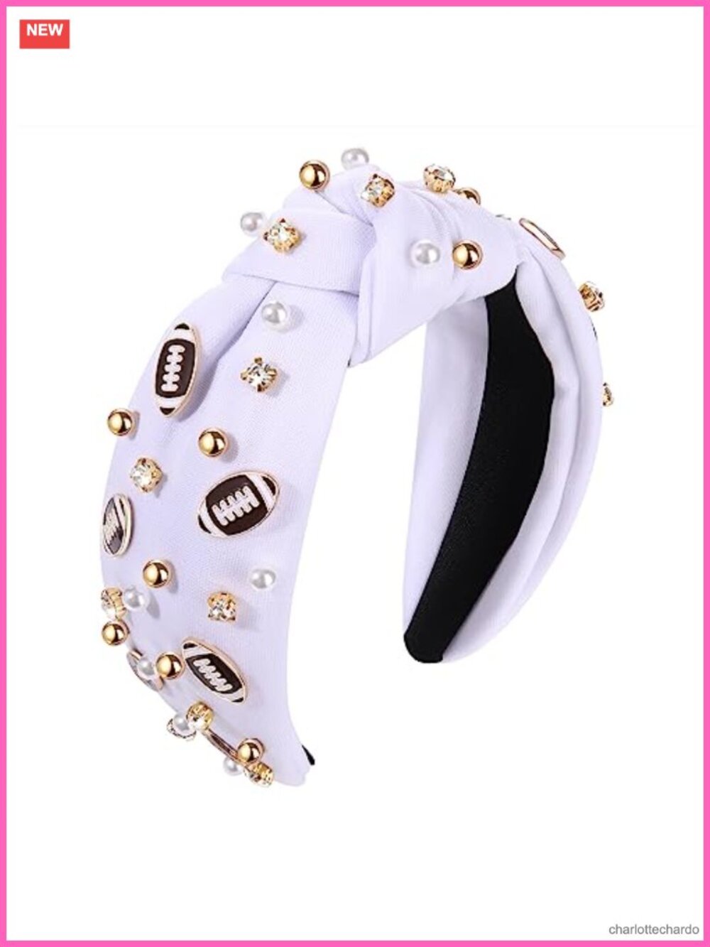 Football Knotted Headband with Rhinestone Pearl Jeweled Game Day Wide Sports
